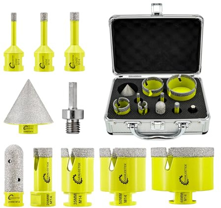 SANLEETEK Juego de Brocas Diamante - Brocas Porcelanico 10piezas (6/8/10/20/35/50/68mm+20mm Fresa Diamante+50mm Broca Chaflán+Hex Adapter) para Porcelanico Cerámica Mármol Granito