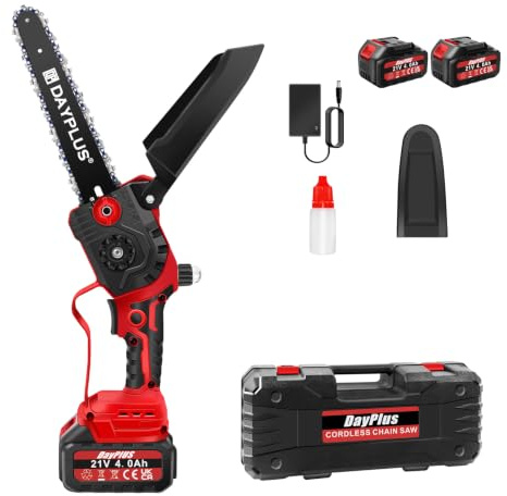 Mini-Kettensäge, kabellos, 8 Zoll, bürstenlos, mit 2 x 4,0 Ah Batterien und Transportkoffer, Einhand-Kettensäge mit Sicherheitsverriegelung für Holzschnitt, Rot