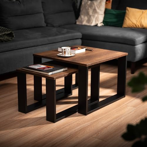 LEHMANN Wohnzimmertisch Holz, Couchtisch 2er Set in 2 Größen, Beistelltisch Holz, Wohnzimmer Tisch für Couch mit Schwarzem Gestell und Holzplatte, beistelltische fürs Wohnzimmer Set, Braune Eiche