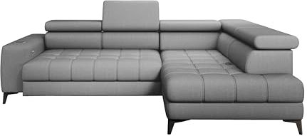 DomiMeble Baggio Ecksofa 280x196x76/100cm, mit Schlaffunktion, Bettkasten und elektrischer Sitztiefenverstellung – mit verstellbaren Kopfstützen und hochwertigem Letto Stoff, Rechte Seite, Grau