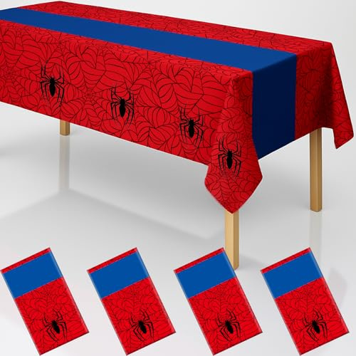 byojia 4Pcs 2in1 Spider Birthday Party Decorations Tablecloth, 54 x 108 Super Hero Table Cloth Disposable Rectangle Plastic Table Cover for Kids Baby Shower Wedding Party Supplies Halloween