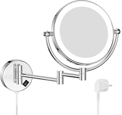 Nicesail Specchio Trucco con Luci da Parete Cromo Specchio Ingranditore con Braccio 5x Specchio Estensibile da Bagno,Diametro 20cm
