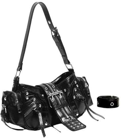 Modische Punk Nieten PU Leder Motorrad Schultertasche Reißverschluss Achsel Geldbörse Casual Handtasche für Damen und Mädchen, Farbreferenzbild: