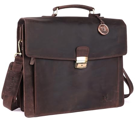 DE LAMASSU® Axel Aktentasche Leder – 17 Zoll Laptoptasche Herren Damen – Business Arbeitstasche mit Zahlenschloss – Schultertasche mit Trolleyband – Geschenkverpackung (Braun Hunter)