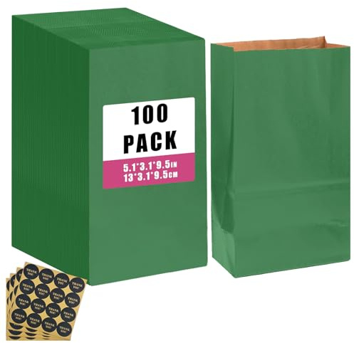 Gcardist 100 stycken djupgrönt behandlade papperspåsar med 100 klistermärken 13 cm x 8 cm x 24 cm Brun Kraft Liten fest presentpåse Snackpåse utan handtag