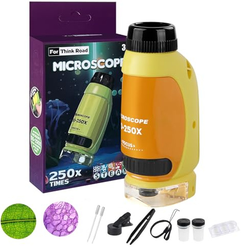 Jesmerizing 50X-250X Mini Taschenmikroskop, Mikroskop für Kinder, für Kinder und Erwachsene, mit Telefonadapter, Pinzette (Orange & Gelb)