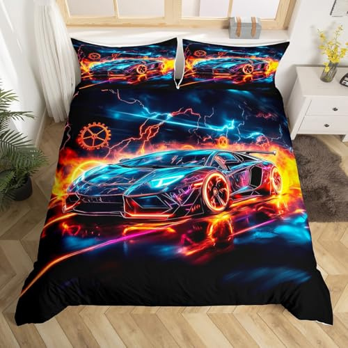 Homewish Ice Fire Rennwagen Jungen Bettwäsche set 135x200,Blaue Schwarze Autos Bettbezug für Kinder Kinder Teens Mädchen,Orange Blue Geometric Wheel Rennwagen Tröster Abdeckung,Extreme Sports Bett Set
