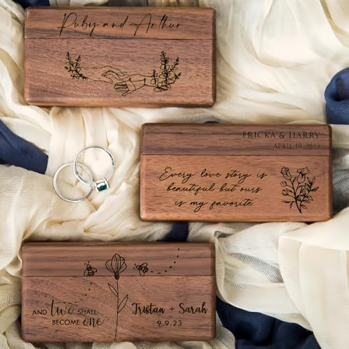 Scatola Personalizzata Con Doppio Incavo Per Anelli Da Matrimonio, Scatola Vintage In Noce Per Gioielli Con Nome/data Incisi, Porta Anelli Personalizzato