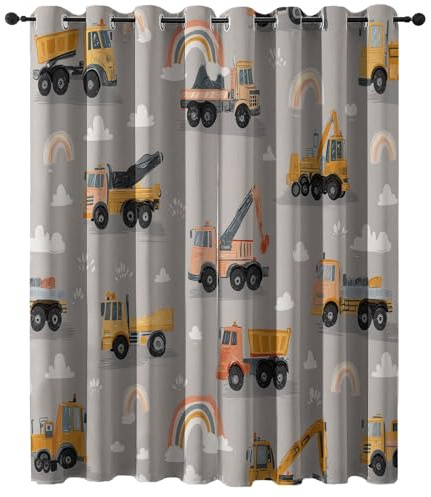 Tende Occhielli, Veicoli da costruzione Divertimento infantile Tenda Camera da Letto Soggiorno Finestre Casa, Giallo Grigio Tende Stampate con Anelli, 140L x 260A cm (2 Pannelli)