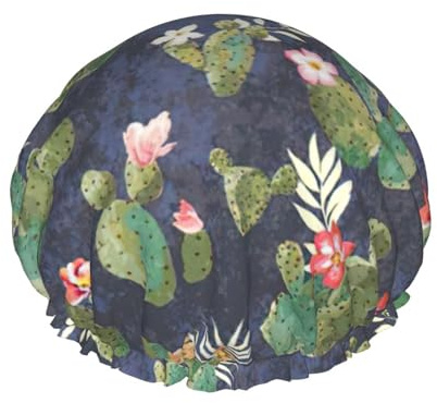 watercolour cactus Print Lightweight Shower Cap for Women Double Waterproof Layers Bathing Hat Breathable