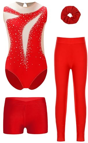 Sinleey Turnanzug Mädchen Gymnastikanzug mit Leggings und Shorts Haarband 4-teiliges Gymnastikoutfit Gymnastikset Kinder