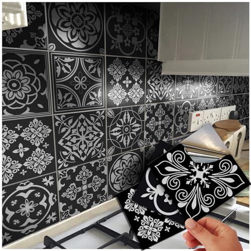 72 Fliesenaufkleber für Bad und Küche Mosaik Wandfliese Aufkleber für 15x15cm Fliesen Deko Fliesenfolie für Bad u. Küche (Schwarz und Weiß, 15cm 72 stück)