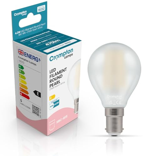 Crompton Lamps Filament Golfball LED Light Bulb SBC-B15d | 4.2W = 40W Equivalent | Warm White 2700K | Energy Efficient | Small Bayonet Lightbulb | Long Life 15,000-Hrs | Pearl Glass