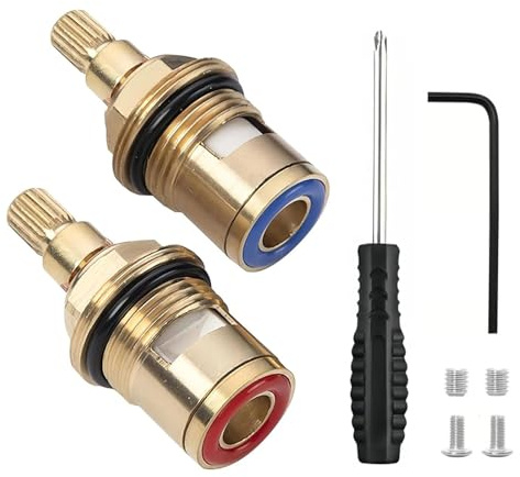 2 Pcs Mixer Tap Cartridge Replacement, 1/4 Turn Ceramic Disc Tap Valve with Screwdriver Wrench Tool Kit, Universal Brass Cartridge for Kitchen Bathroom Faucet Repair (Hot Cold)