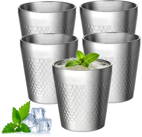 5 Pièces Tasses en Acier Inoxydable 300ml, Mug Métal à Empilées Double Couche Isolées, 300 ml Tasse Inox Antidérapant, Gobelet en Acier Inoxydable Tasses à Boire Réutilisables pour Bière, Jus, Eau