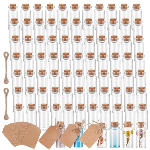 INTERWARM 200 Stück Durchsichtige Glasflaschen Mit Korken 10 ml Mini Glasfläschchen Mit Etiketten Und Schnur Für Bastelarbeiten Und Heimdekorationen Wunschflaschen Für Hochzeitsfeier Zubehör