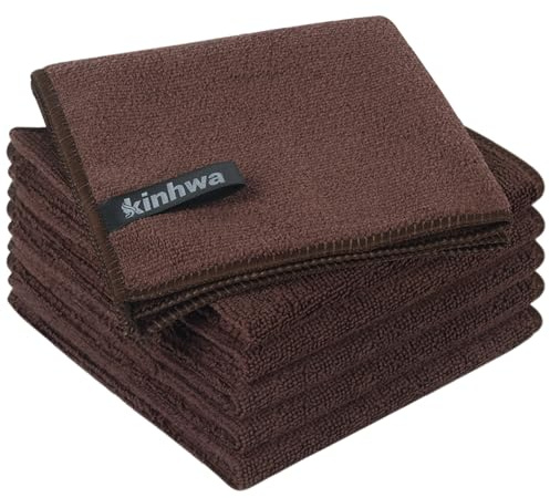 KinHwa Microfibre Cleaning Cloth Lint Free Reusable Dish Cloth for Kitchen | Barista Cloth Super Absorbent Cleaning Rags for Kitchen and Fast Drying Cloth 30x30cm 6 Pack Brown