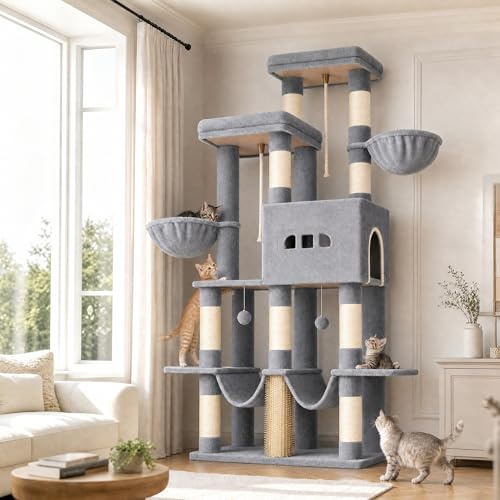 Hzuaneri Kratzbaum, 176 cm Großer Katzenbaum, 2 Plattformen, 2 Große Höhlen, 9 Sisal-Kratzstämme, 2 Hängematten, Katzenkorb, Pompons, Geeignet für Maine Coon Katzen, Hellgrau MS17218LG