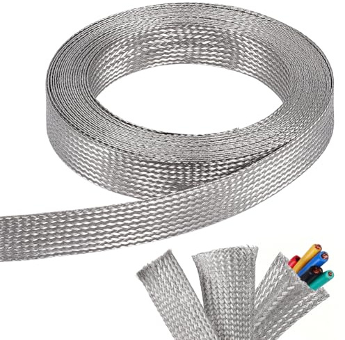 NBEADS 6m 304 Stainless Steel Braided Cable Sleeve, 20mm Wide Stainless Steel Color Flat Tinned Braided Ground Wire Mesh Flexible Shielding Sleeve for Cables