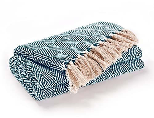 EHC Luxury Reversible Super Soft Cotton Diamond Large Throw For Sofa, Double Bed, Armchair - Peacock, 150 x 200 cm