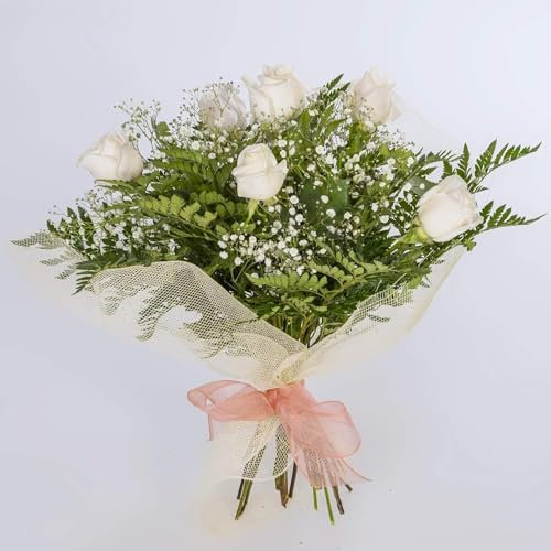 REGALAUNAFLOR | Ramo de flores naturales a domicilio | Entrega puntual en 24 horas de Lunes a Sábado | Con tarjeta de dedicatoria | 6 Rosas blancas