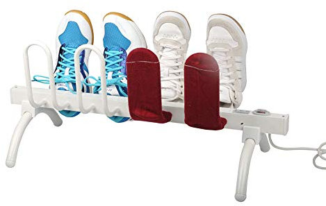 TYXTYX 4 Pairs Free Standing Electric Shoes Dryer Dry Heater Boot Rail Rack Dehumidify Warmer with 8 Hooks for Home,700X300X315 MM, White(UK Plug)