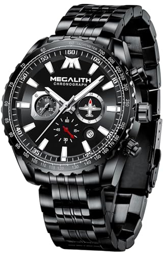 MEGALITH Uhren Herren Edelstahl Chronograph: Schwarz Armbanduhr Herren Große mit Datum - Wasserdicht Quarz Uhr fur Männer Designer
