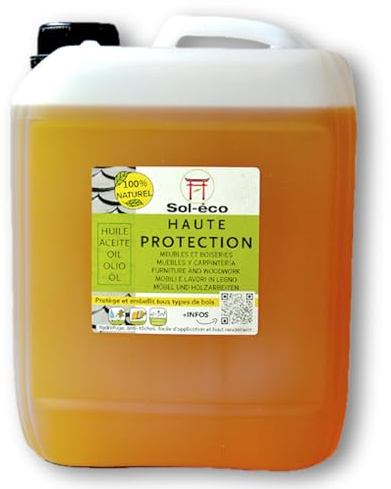 (Sol-éco) Huile Haute Protection | Protection du bois intérieur extérieur | Fluide et pénétrante | Tung et huile d'orange (D-limonène) | Parquet, plan de travail, salle de bain, Hydrophobe (5 litres)