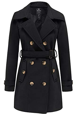 Wantdo Women's Double Breasted Warm Coat Blend Pea Coat Winter Mid-Length Warm Coat Elegent Belted Slim Fit Outercoats Black M