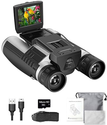 Binocolo digitale con display LCD da 2 pollici con fotocamera 12x32 5MP Scatta Foto Video Recorder Funzione Binocolo Fotocamera con 32GB Memery Card Strap & Pouch