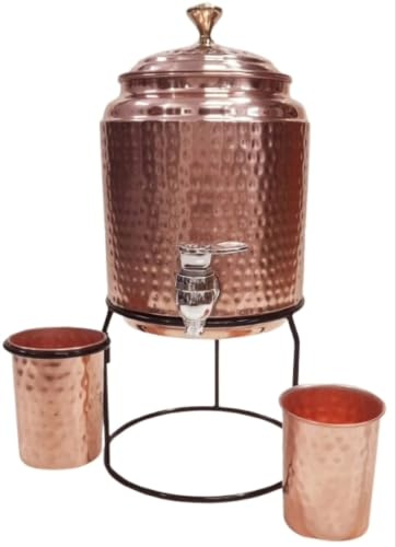 Ornate International Kupfer-Wasserspender, 3000 ml, 2 Stück Glas 300 ml mit Ständer, 36 cm Höhe, 18 cm Tiefe 1500 g für Wasserspeicherung