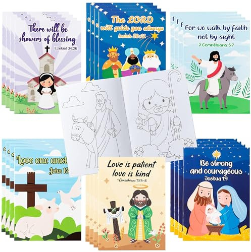 ANGOLIO Lot de 24 livres de coloriage chrétiens en vrac pour enfants, 6 styles de versets de la Bible, livre de dessin pour activités du dimanche, récompenses en classe, activités d'église