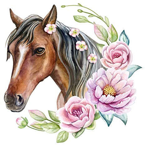 237 Wandtattoo Pferd Kopf braun mit Blumen Kinderzimmer Sticker Aufkleber Größe 500 x 660 mm - in 5 Größen - Kinderzimmer Sticker Wandaufkleber Wandsticker Wanddeko Wandbild