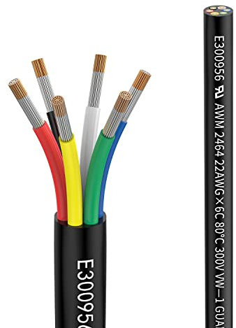 Matugajp Fil 22 AWG 6×0,3 mm² 5Metros Câble d'Extension à 6 Conducteurs UL2464 Tension 5V/12V/24V/300V Fil de Cuivre Étamé Multibrins sans Oxygène