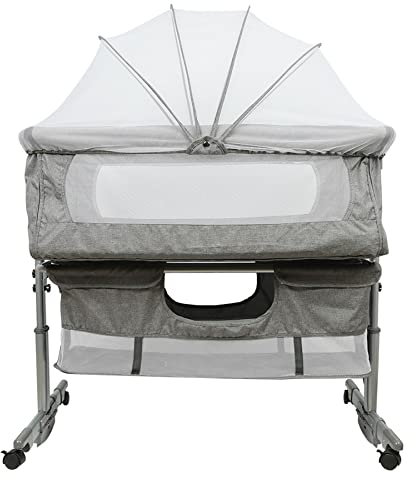 KEVO Cuna Cododo con colchón y mosquitero 2 en 1 Cuna de bebé Cododo para bebés de 1 a 36 meses, cama plegable 2 en 1 cuna de bebé móvil (93 x 57 x 71 – 88 cm (gris oscuro)