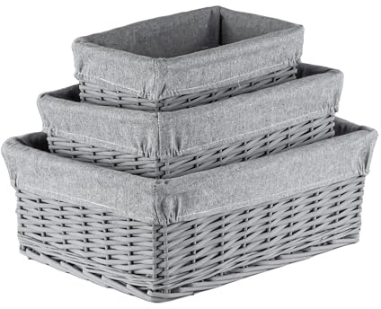 Innoteck Set of 3 Wicker Storage Baskets with Lining - Decorative Kitchen Bathroom Hamper - Portable Basket with Washable Cloth Liners - Ideal for Home/Office & Gifts Hamper (Grey)