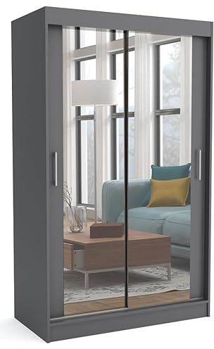 Brent - Kleiderschrank mit Schiebetüren Windsor David I 100x200x60 cm I mit Spiegel, Stangen und Einlegeböden für Kleidung I Laminierte Spanplatte I Aluminiumschienen I Anthrazit