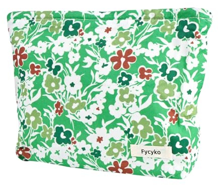 Fycyko Kompatibel mit Make-up-Tasche, niedlicher Blumendruck, Segeltuch-Kulturbeutel, Reise-Make-up-Tasche, Organizer, Mini-Kosmetiktasche für Frauen und Mädchen, grün, Kosmetiktasche