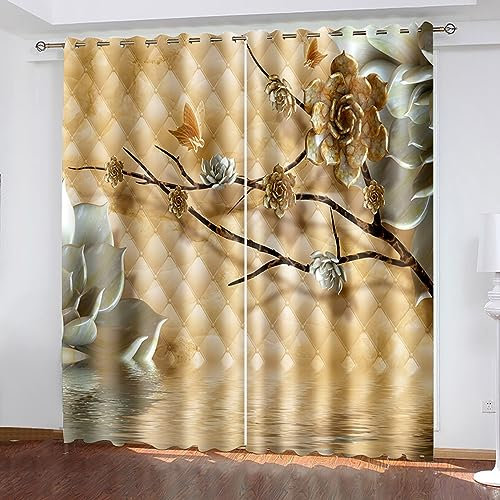 Skcess Gardine, Schlafzimmer Gardinen Weiß Exotische Blumen Vorhang Polyester Gardinen 2er Set 132x160cm(WxH)
