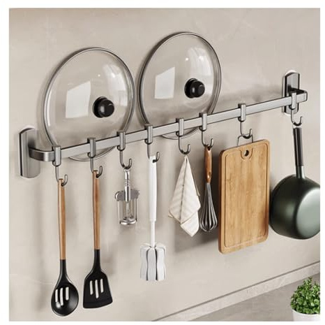 Rail de Cuisine avec Crochets, Support pour ustensiles de Cuisine, Crochets pour ustensiles muraux, Rail de Cuisine, Organisateur d'ustensiles de Cuisine, Gris, 45 cm