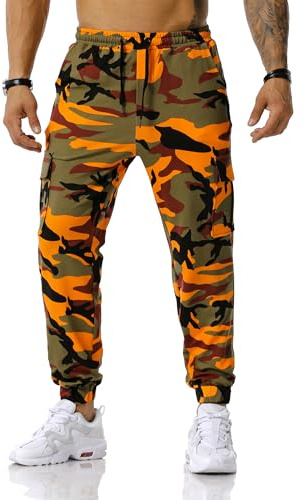 MakingDa Camouflage Tracksuit Bottoms Men Camo Jogging Sports Trousers Cargo Joggers Pants Skinny Elastic Waist Drawstring Multi Pocket Work Combat Gym Sweatpants-Orange-42