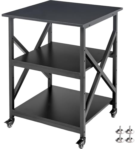 Fannova skrivarstativ, 60 x 60 x 76 cm stort fyrkantigt skrivarbord med höjdjusterbar förvaringshylla, 3 nivåers rullande skrivarvagn med industrihjul för hemmakontor – svart
