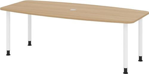 bümö Konferenztisch oval 220x103 cm großer Besprechungstisch in Eiche, Besprechungstisch mit Gestell in Weiß, Meetingtisch für 8 Personen, XL-Tisch für Besprechungsraum & Meeting