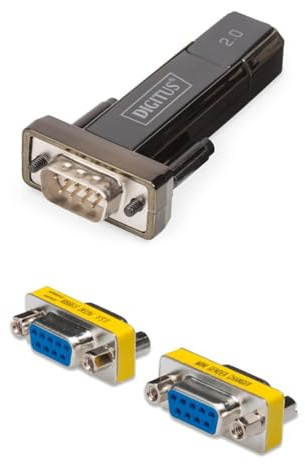 DIGITUS Set: Adaptador USB a Serie - Conversor RS232 - USB 2.0 Tipo A a DSUB 9M - chipset FTDI FT232RL - Cable de 80 cm Incluido - con Cambiador de género D-Sub 9 (Hembra a Hembra)