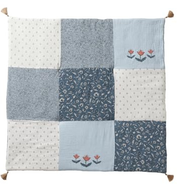 Vertbaudet Baby Patchwork-Spieldecke/Laufstalleinlage Indien Blume, Quasten blau Bedruckt 100X100