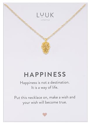 LUUK LIFESTYLE Collana con ciondolo pigna e acciaio inossidabile (50cm), con carta HAPPINESS, gioielli semplice, portafortuna, idea regali donna, lei, ragazza, compleanno, oro