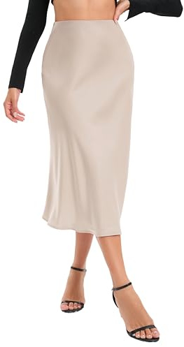 Timuspo Midirock Rock Lang Damen Sommer Satin Knielang Elegant A-Linie Langer Casual Hohe Taille Röcke Helles Khaki M