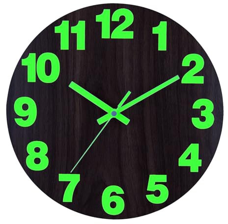 Plumeet Reloj de Pared con Luz Nocturna, Reloj de Madera Que Brilla en la Oscuridad de 30cm para Dormitorio, Reloj de Pared Silencioso Iluminado con Números y Manecillas Luminosas, Marrón
