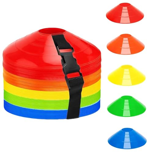LOPYXBR 100 Stück Hütchen Fussball, 5 Farben Markierungshütchen Fussball Hütchen Set mit Gurt, Runde Trainingshütchen Hütchen Fussball Trainingskegel für Fußball und Leichtathletik