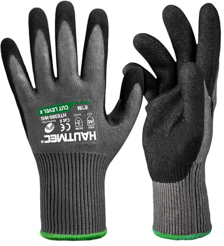HAUTMEC ANSI A6 Cut Resistant Work Gloves for Men Women, EN388 4X42F Cutting Proof Gloves, Breathable 13-Gauge HPPE, Nitrile Coated, Touchscreen, Reinforced Thumb Saddle for Construction/Auto(M)